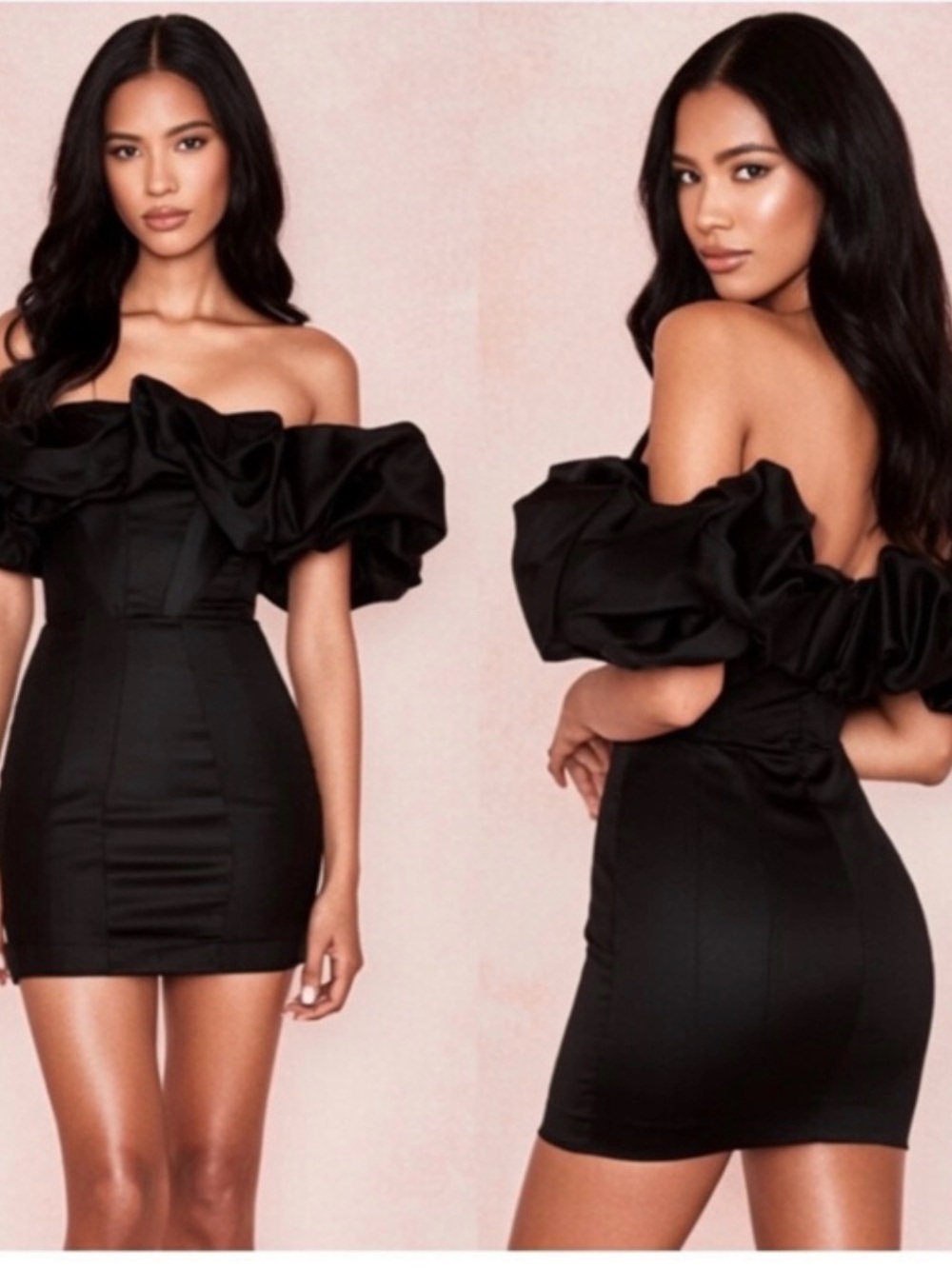 House of CB SELENA Black Satin Puff Shoulder Dress Small US4-6$299 - Picture 2 of 11